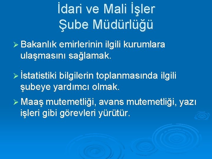 İdari ve Mali İşler Şube Müdürlüğü Bakanlık emirlerinin ilgili kurumlara ulaşmasını sağlamak. İstatistiki bilgilerin