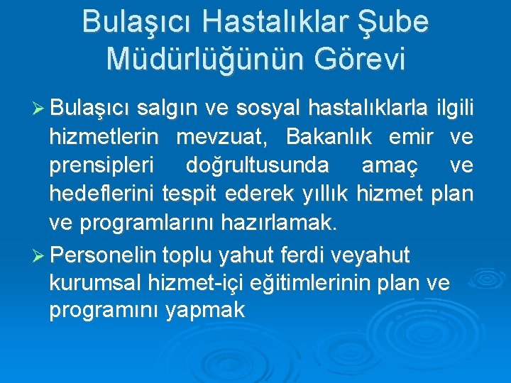 Bulaşıcı Hastalıklar Şube Müdürlüğünün Görevi Bulaşıcı salgın ve sosyal hastalıklarla ilgili hizmetlerin mevzuat, Bakanlık