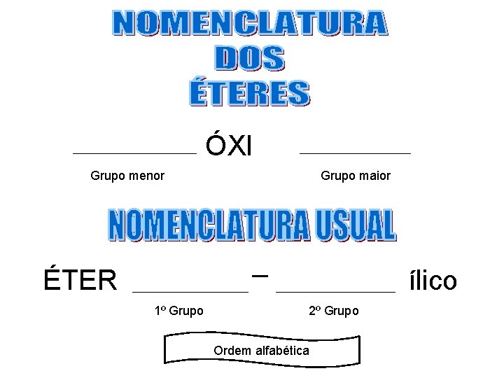 ÓXI Grupo menor Grupo maior ÉTER ílico 1º Grupo 2º Grupo Ordem alfabética ÓXI Grupo menor Grupo maior ÉTER ílico 1º Grupo 2º Grupo Ordem alfabética