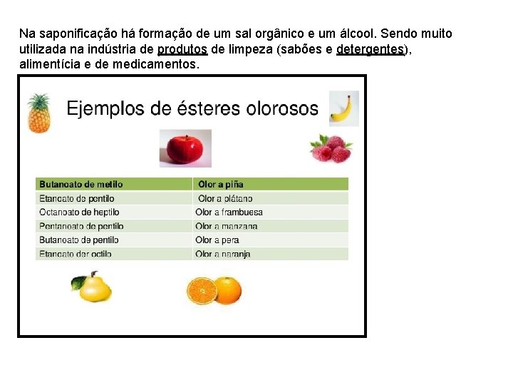 Na saponificação há formação de um sal orgânico e um álcool. Sendo muito utilizada Na saponificação há formação de um sal orgânico e um álcool. Sendo muito utilizada
