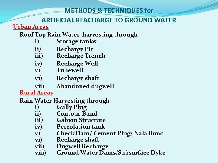 METHODS & TECHNIQUES for ARTIFICIAL REACHARGE TO GROUND WATER Urban Areas Roof Top Rain