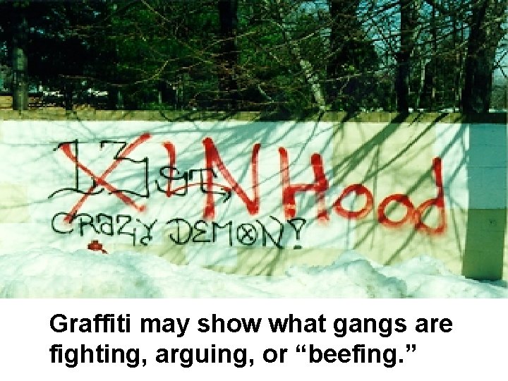 Graffiti may show what gangs are fighting, arguing, or “beefing. ” 