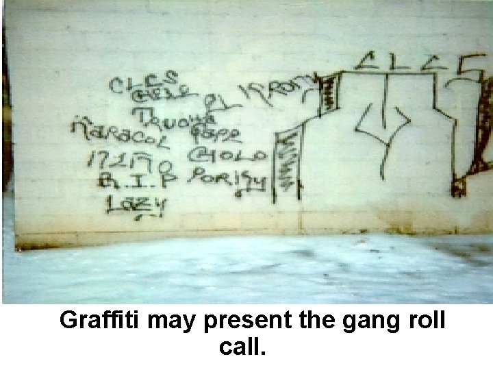 Graffiti may present the gang roll call. 