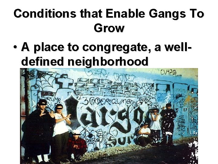 Conditions that Enable Gangs To Grow • A place to congregate, a welldefined neighborhood