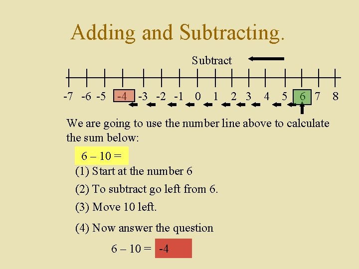 Adding and Subtracting. Subtract -7 -6 -5 -4 -3 -2 -1 0 1 2