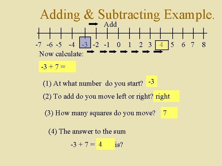 Adding & Subtracting Example. Add -7 -6 -5 -4 -3 -2 -1 0 Now