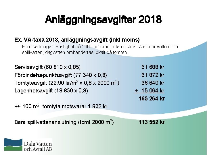 Anläggningsavgifter 2018 Ex. VA-taxa 2018, anläggningsavgift (inkl moms) Förutsättningar: Fastighet på 2000 m 2