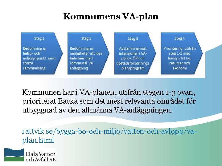 Kommunens VA-plan Kommunen har i VA-planen, utifrån stegen 1 -3 ovan, prioriterat Backa som