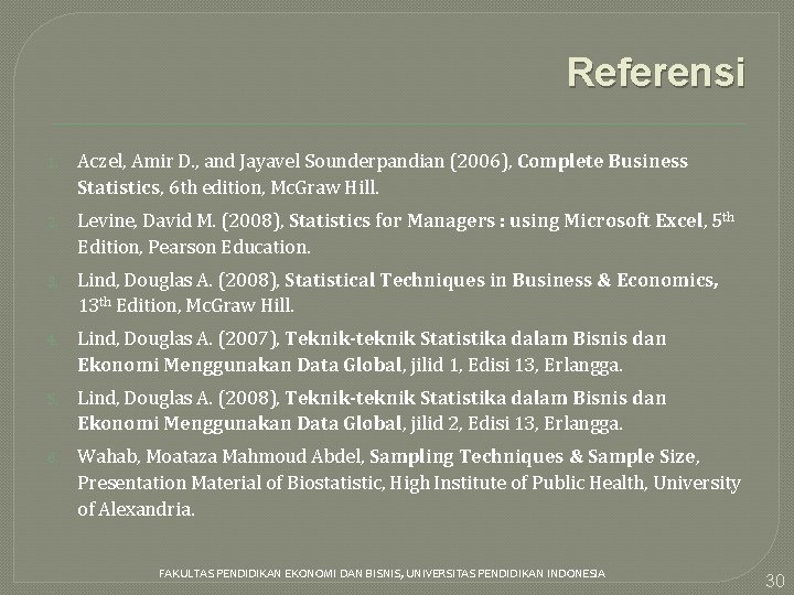 Referensi 1. Aczel, Amir D. , and Jayavel Sounderpandian (2006), Complete Business Statistics, 6
