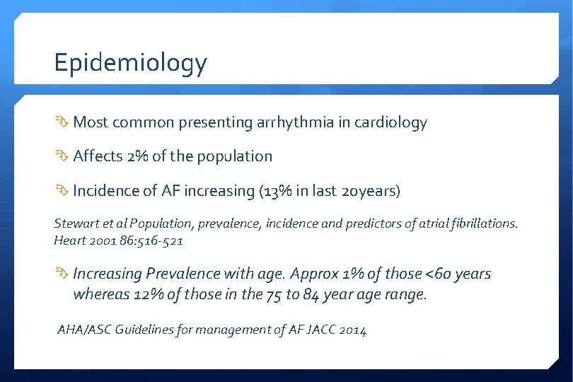 Epidemiology Most common presenting arrhythmia in cardiology Affects 2% of the population Incidence of