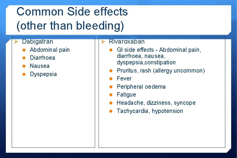 Common Side effects (other than bleeding) Ø Dabigatran l Abdominal pain l Diarrhoea l