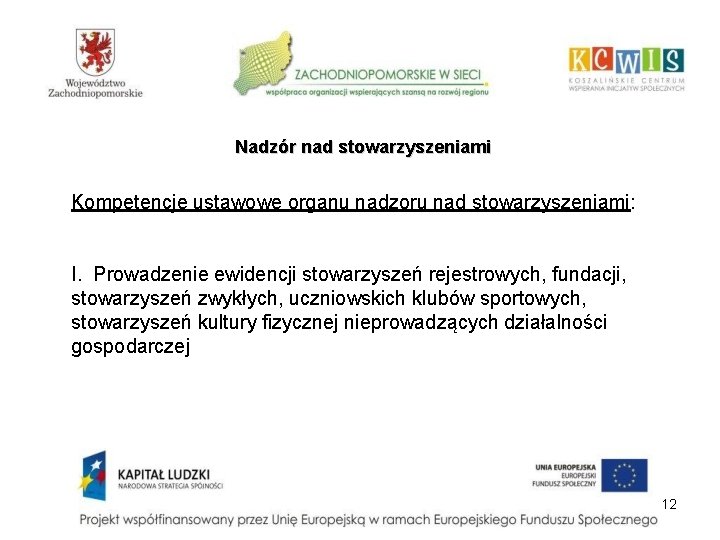 Nadzór nad stowarzyszeniami Kompetencje ustawowe organu nadzoru nad stowarzyszeniami: I. Prowadzenie ewidencji stowarzyszeń rejestrowych,