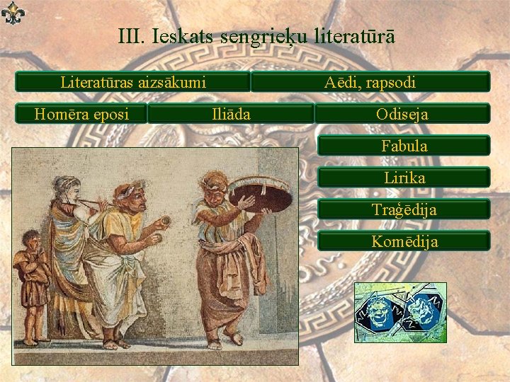 III. Ieskats sengrieķu literatūrā Literatūras aizsākumi Homēra eposi Aēdi, rapsodi Iliāda Odiseja Fabula Lirika