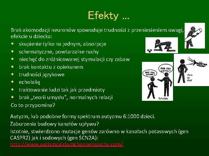 Efekty. . . Brak akomodacji neuronów spowoduje trudności z przeniesieniem uwagi, a w efekcie