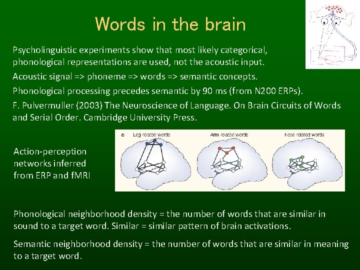 Words in the brain Psycholinguistic experiments show that most likely categorical, phonological representations are