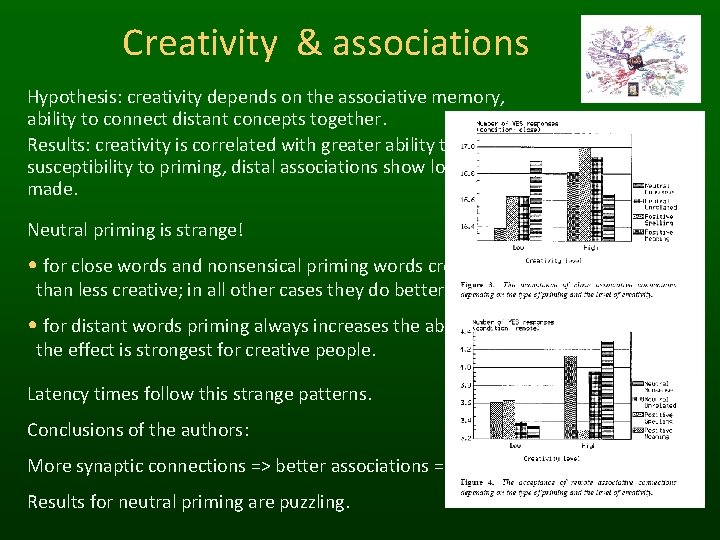 Creativity & associations Hypothesis: creativity depends on the associative memory, ability to connect distant