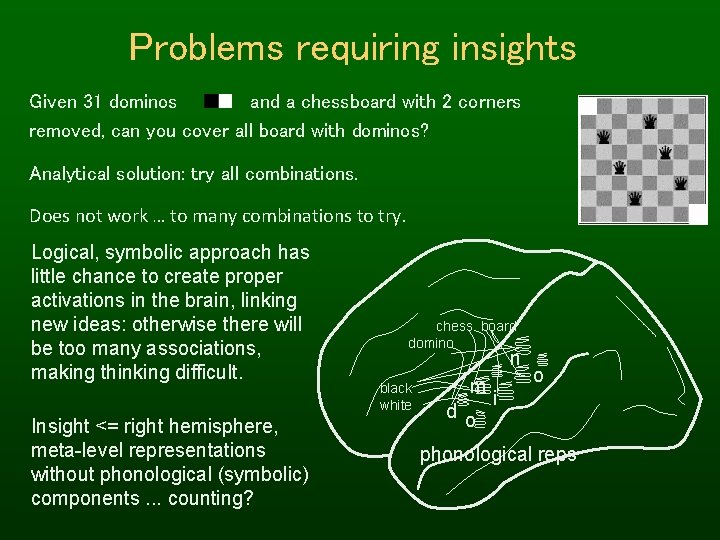 Problems requiring insights Given 31 dominos and a chessboard with 2 corners removed, can