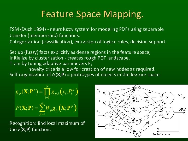 Feature Space Mapping. FSM (Duch 1994) - neurofuzzy system for modeling PDFs using separable