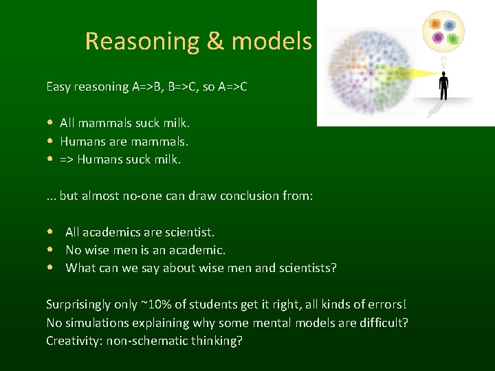 Reasoning & models Easy reasoning A=>B, B=>C, so A=>C • All mammals suck milk.