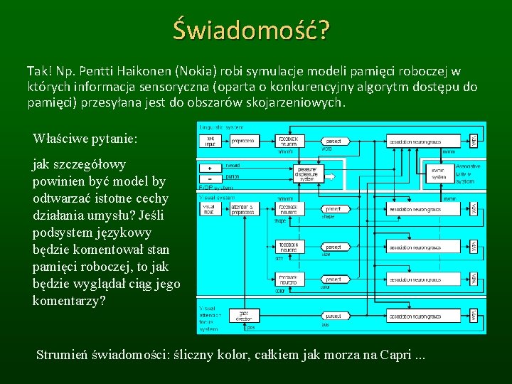 Świadomość? Tak! Np. Pentti Haikonen (Nokia) robi symulacje modeli pamięci roboczej w których informacja