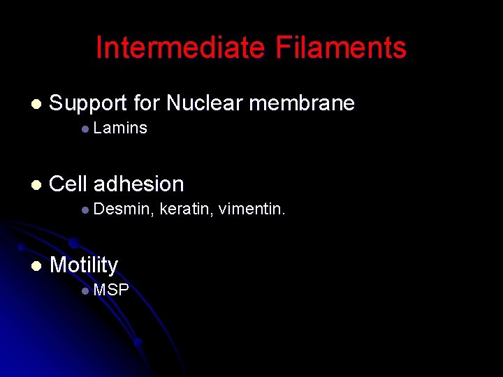 Intermediate Filaments l Support for Nuclear membrane l Lamins l Cell adhesion l Desmin,