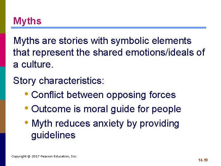 Myths are stories with symbolic elements that represent the shared emotions/ideals of a culture.