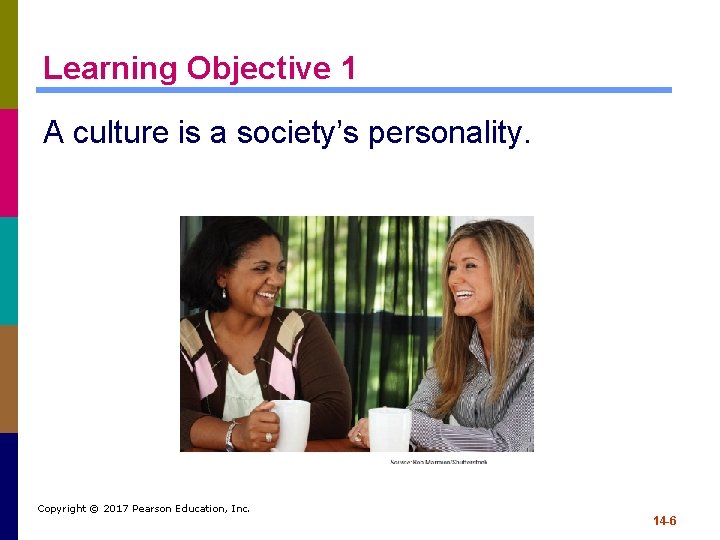 Learning Objective 1 A culture is a society’s personality. Copyright © 2017 Pearson Education,