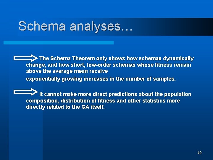 Schema analyses… The Schema Theorem only shows how schemas dynamically change, and how short,