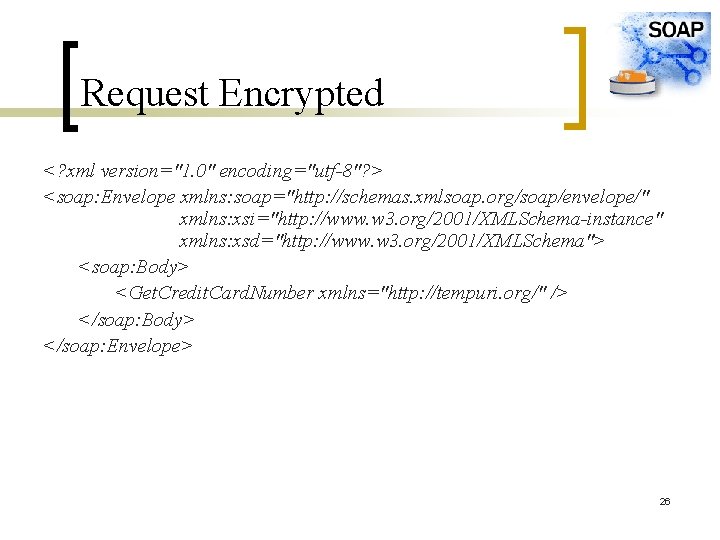 Request Encrypted <? xml version="1. 0" encoding="utf-8"? > <soap: Envelope xmlns: soap="http: //schemas. xmlsoap.