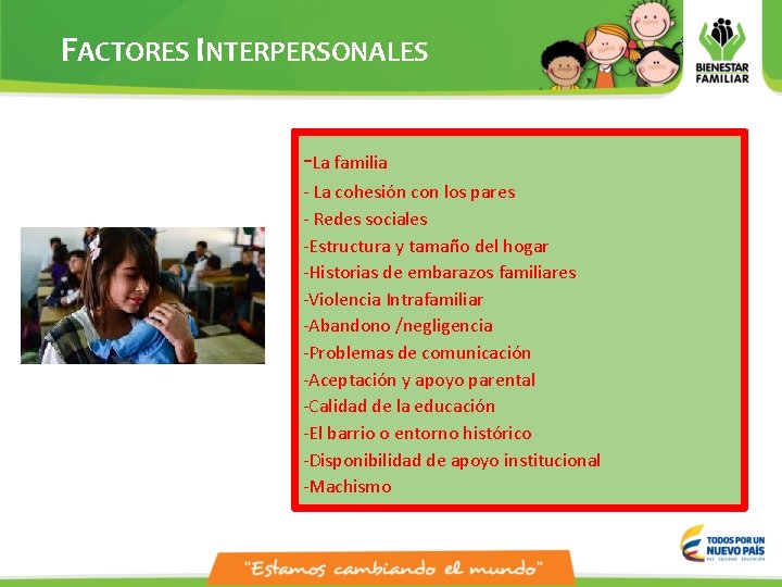 FACTORES INTERPERSONALES -La familia - La cohesión con los pares - Redes sociales -Estructura