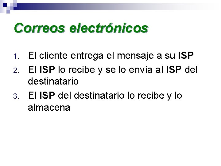 Correos electrónicos 1. 2. 3. El cliente entrega el mensaje a su ISP El
