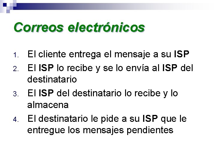 Correos electrónicos 1. 2. 3. 4. El cliente entrega el mensaje a su ISP