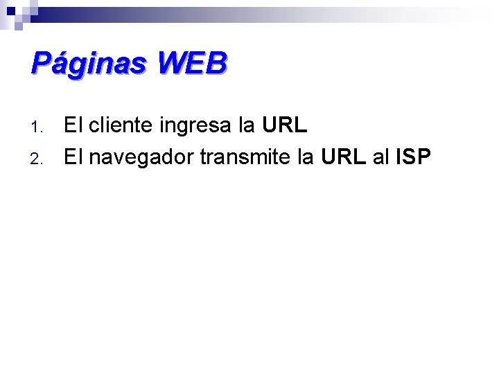 Páginas WEB 1. 2. El cliente ingresa la URL El navegador transmite la URL