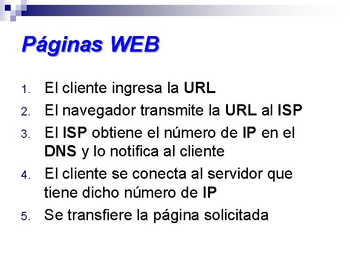 Páginas WEB 1. 2. 3. 4. 5. El cliente ingresa la URL El navegador