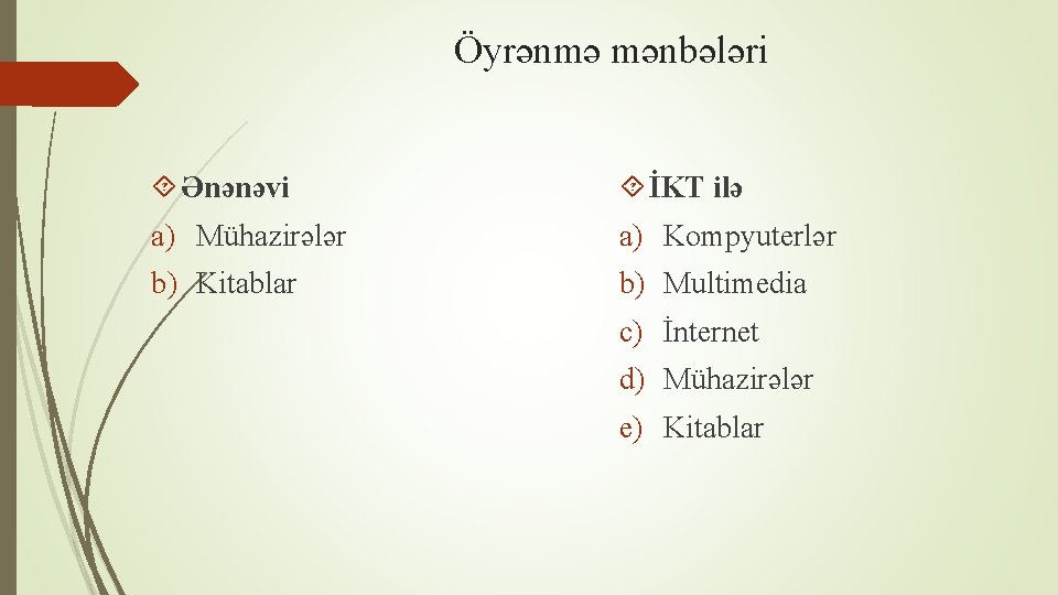 Öyrənmə mənbələri Ənənəvi İKT ilə a) Mühazirələr a) Kompyuterlər b) Kitablar b) Multimedia c)