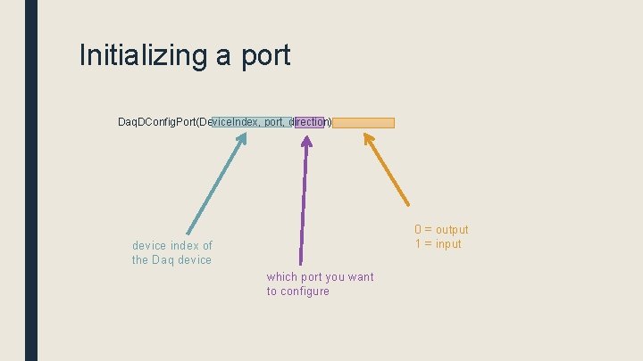 Initializing a port Daq. DConfig. Port(Device. Index, port, direction) 0 = output 1 =