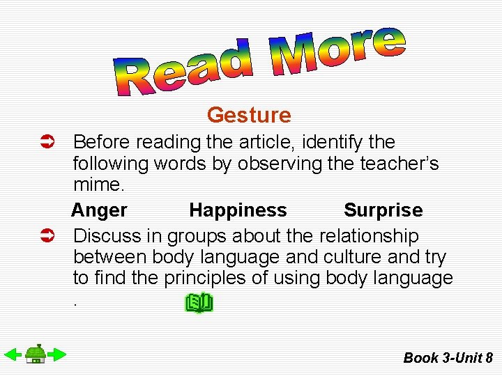 Gesture Ü Before reading the article, identify the following words by observing the teacher’s