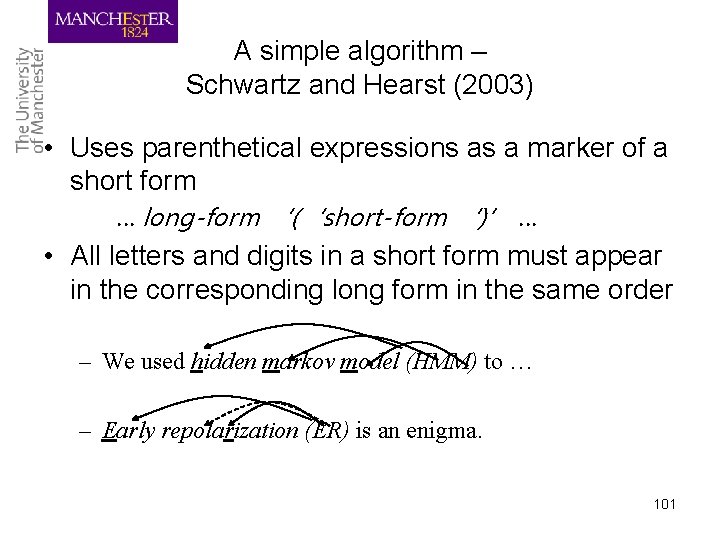 A simple algorithm – Schwartz and Hearst (2003) • Uses parenthetical expressions as a