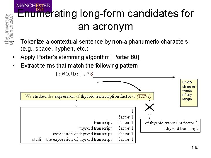 Enumerating long-form candidates for an acronym • Tokenize a contextual sentence by non-alphanumeric characters