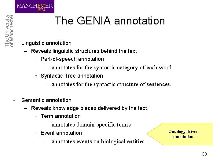 The GENIA annotation • Linguistic annotation – Reveals linguistic structures behind the text •