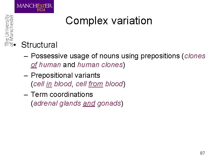 Complex variation • Structural – Possessive usage of nouns using prepositions (clones of human