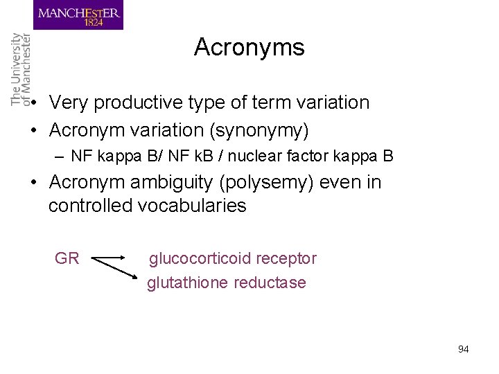 Acronyms • Very productive type of term variation • Acronym variation (synonymy) – NF