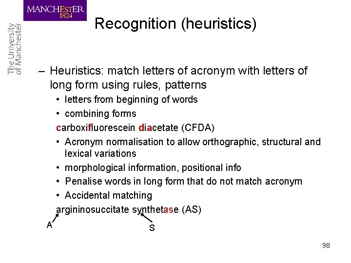 Recognition (heuristics) – Heuristics: match letters of acronym with letters of long form using