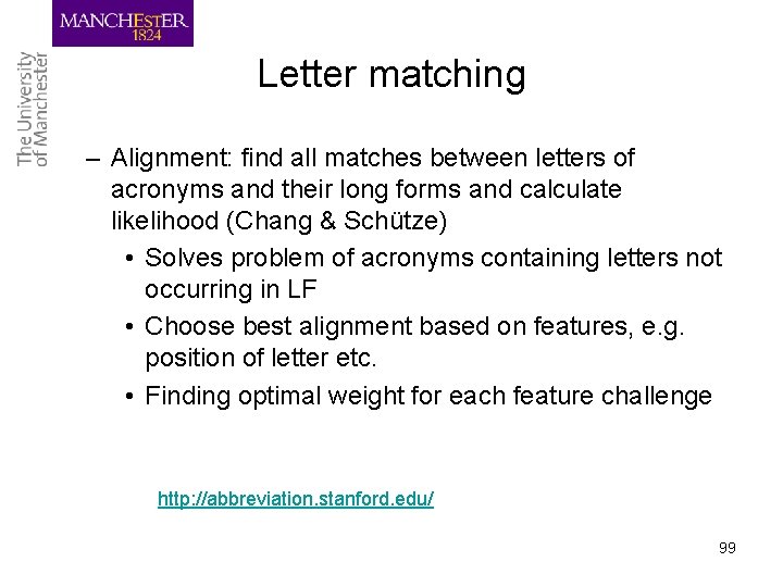 Letter matching – Alignment: find all matches between letters of acronyms and their long