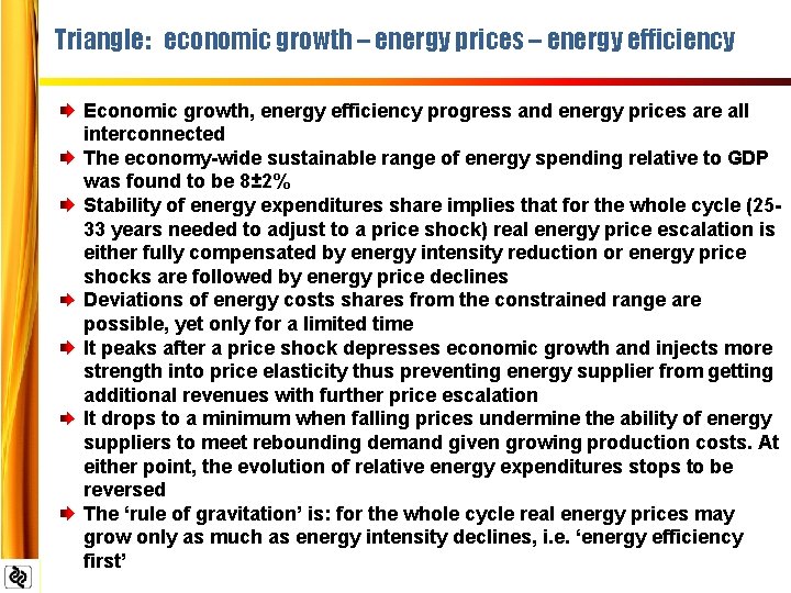 Triangle: economic growth – energy prices – energy efficiency Economic growth, energy efficiency progress