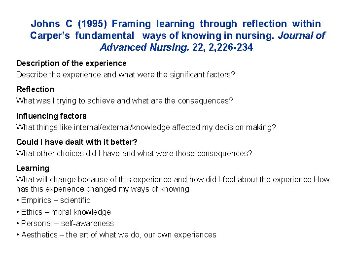 Johns C (1995) Framing learning through reflection within Carper’s fundamental ways of knowing in