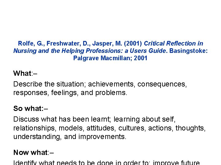 Rolfe, G. , Freshwater, D. , Jasper, M. (2001) Critical Reflection in Nursing and