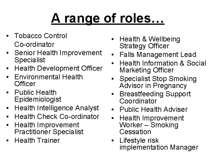 A range of roles… • Tobacco Control Co-ordinator • Senior Health Improvement Specialist •