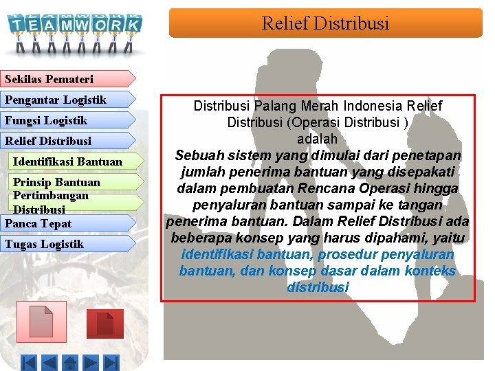 Relief Distribusi Sekilas Pemateri Pengantar Logistik Fungsi Logistik Relief Distribusi Identifikasi Bantuan Prinsip Bantuan