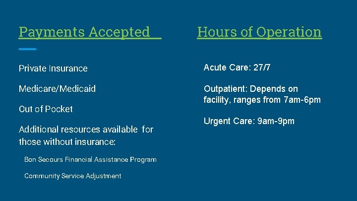 Payments Accepted Hours of Operation Private Insurance Acute Care: 27/7 Medicare/Medicaid Outpatient: Depends on